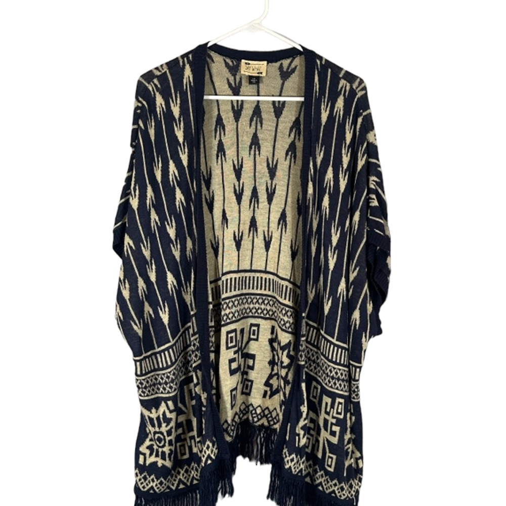 Say What Navy Blue & Cream Boho Fringe Trim Opened Front Cardigan Women Sz OS